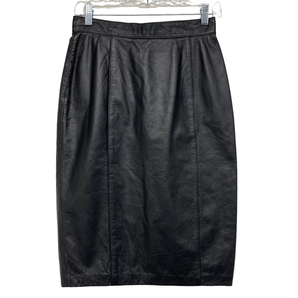 Vintage Elizabeth Womens Size 7/8 Black Leather High Waist Pencil Skirt
